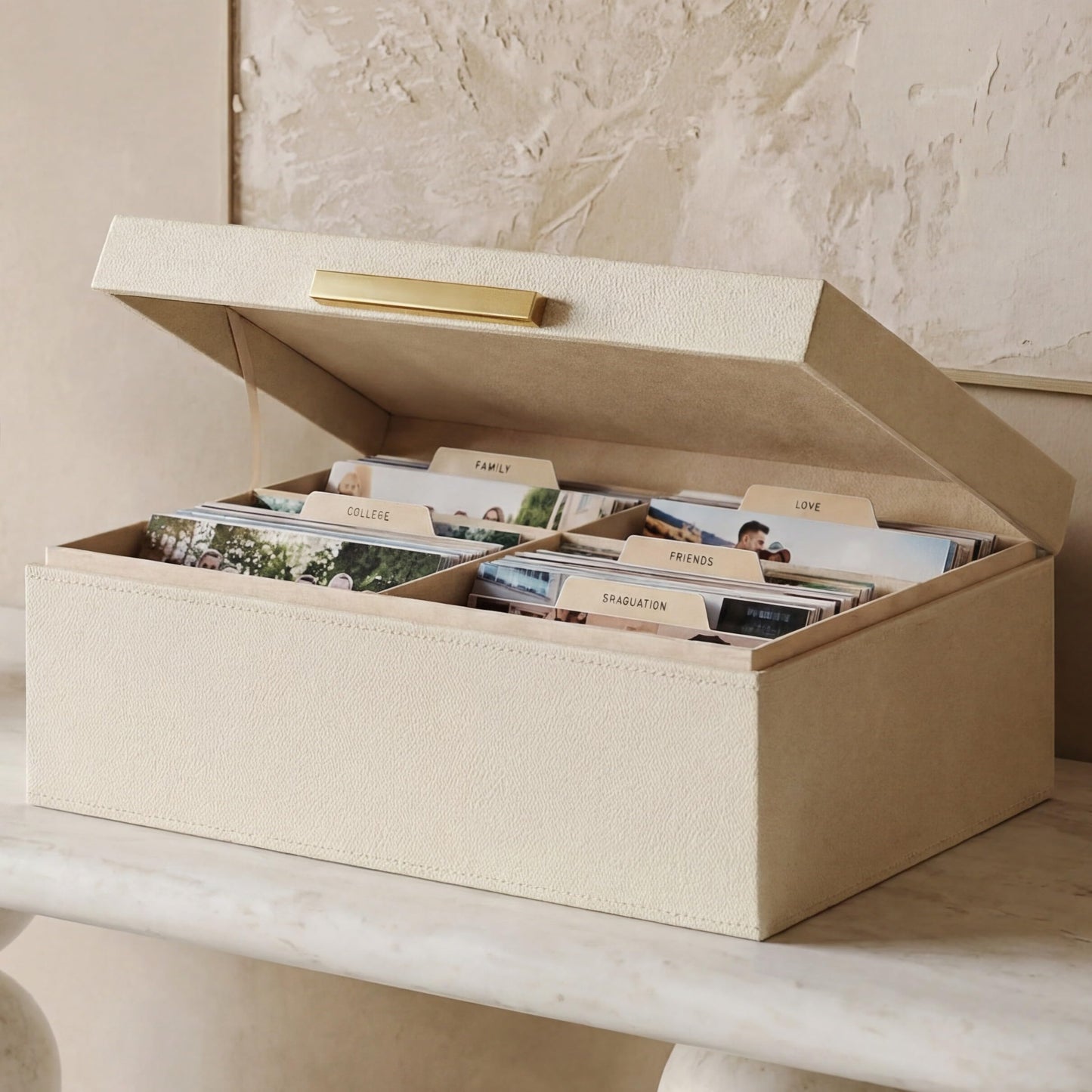 ZICOTO Decorative Photo Storage Box - Sturdy Linen Photo Organizer with Dividers is Perfect to Store Up to 1200 Pictures and 4x6 Photos - Portable Scrapbook Storage Containers with Lid