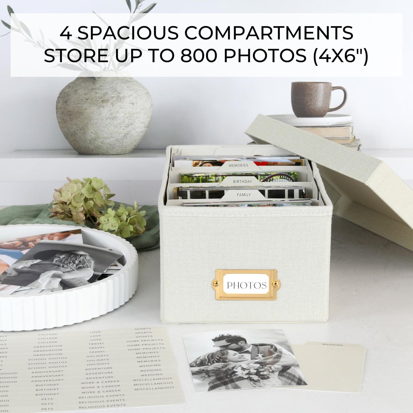 Decorative Photo Storage Box - Sturdy Linen Photo Organizer with Dividers - Stores Up to 850 4x6 Photos - Portable Scrapbook Storage Container with Lid