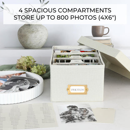 Decorative Photo Storage Box - Sturdy Linen Photo Organizer with Dividers - Stores Up to 850 4x6 Photos - Portable Scrapbook Storage Container with Lid