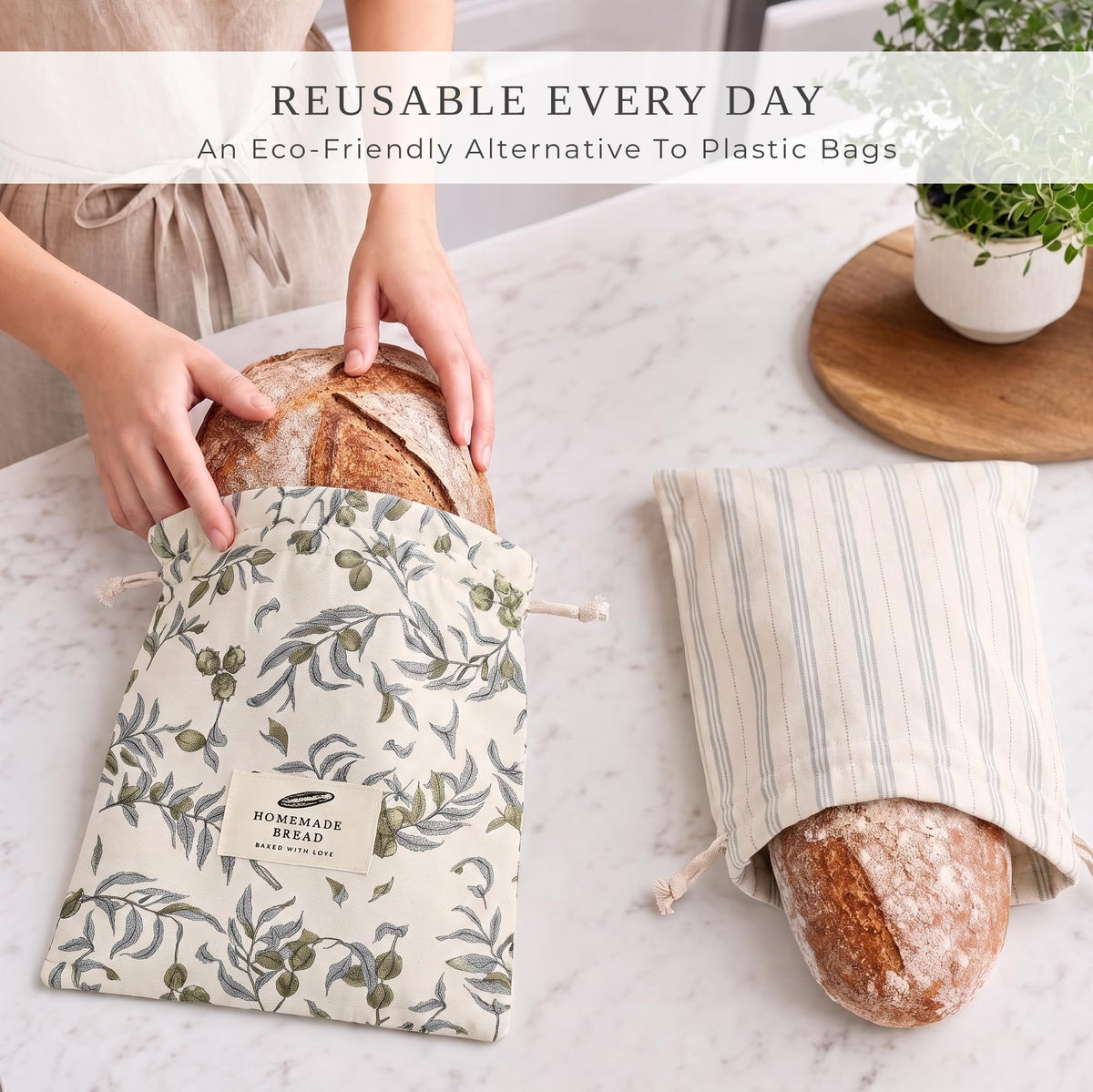 ZICOTO Charming Bread Bags for Homemade Bread - Set of 2 Beeswax-Lined Reusable Linen Bags That Keep Your Sourdough Fresh Naturally - A Thoughtful Bread Storage Gift for Bread Making Lovers