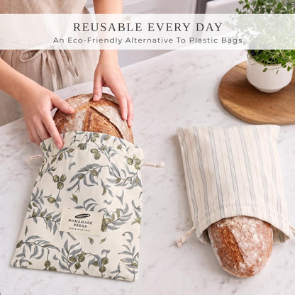 ZICOTO Charming Bread Bags for Homemade Bread - Set of 2 Beeswax-Lined Reusable Linen Bags That Keep Your Sourdough Fresh Naturally - A Thoughtful Bread Storage Gift for Bread Making Lovers