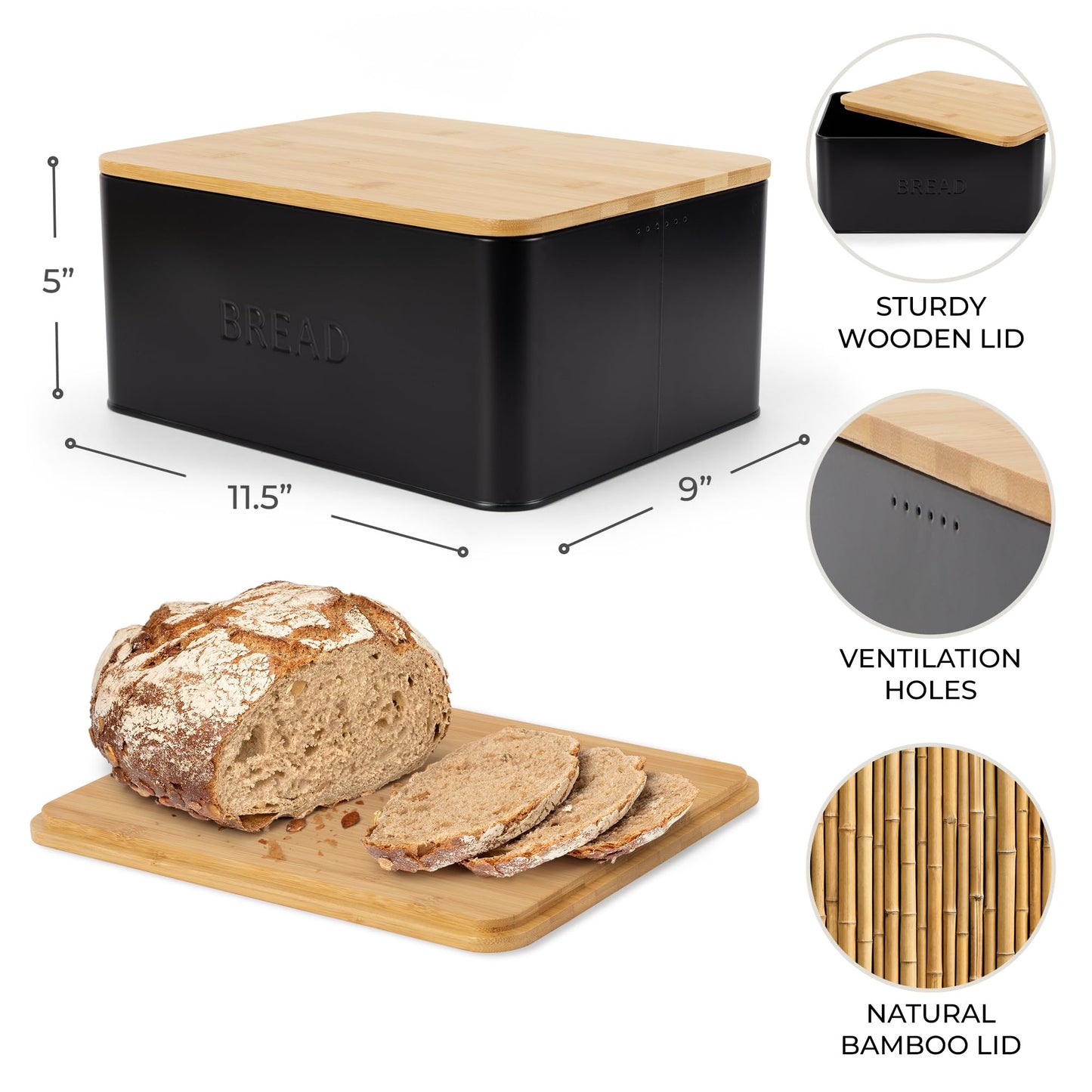 ZICOTO Beautiful Bread Box With Wooden Lid For Your Kitchen Countertop - Spacious Container Perfectly Stores Your Homemade Bread, English Muffins & Bagels - Quality Cutting Board Lid Keeps Loaf Fresh