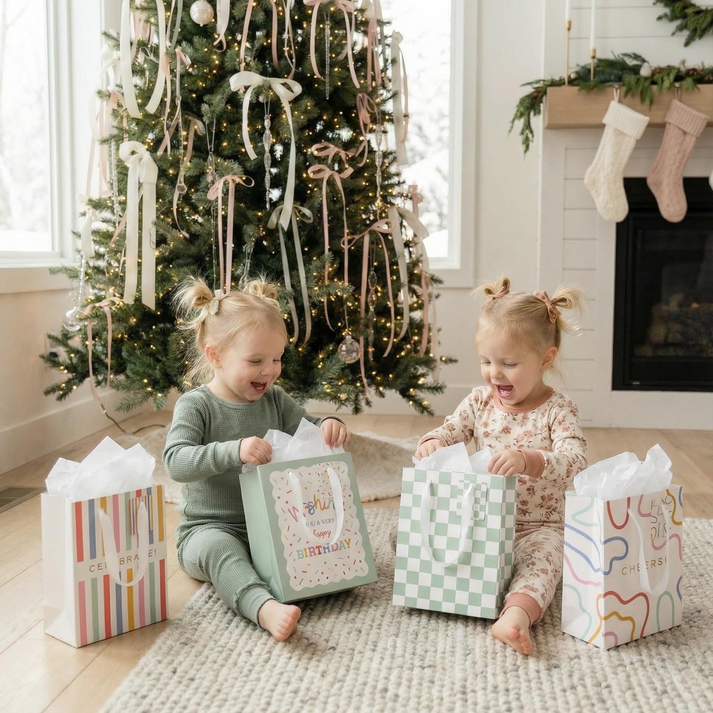 Beautiful Gift Bags Set of 4 - Medium Sized 9" Bags with Handles incl. Matching Tissue Paper, Cards & Small Stickers - Reusable & For Presents of Any Birthday, Weddings, Mothers Day & Other Occasion