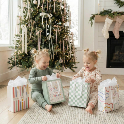 Beautiful Gift Bags Set of 4 - Medium Sized 9" Bags with Handles incl. Matching Tissue Paper, Cards & Small Stickers - Reusable & For Presents of Any Birthday, Weddings, Mothers Day & Other Occasion