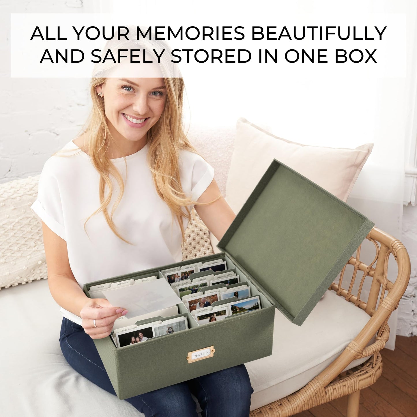 Decorative Photo Storage Box - Sturdy Linen Photo Organizer with Dividers - Stores Up to 850 4x6 Photos - Portable Scrapbook Storage Container with Lid