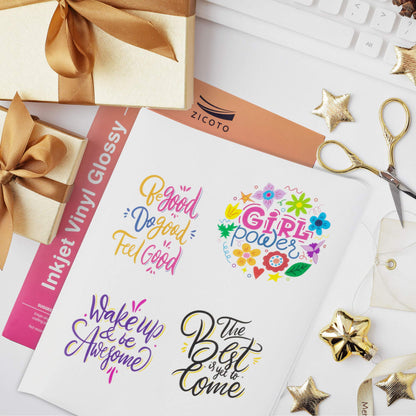 ZICOTO Premium Printable Vinyl Sticker Paper - Glossy White 8.5 x 11 inch Sheets for Your Inkjet Or Laser Printer - 15 Waterproof Decal Paper Sheets Dry Quickly and Hold Ink Beautifully