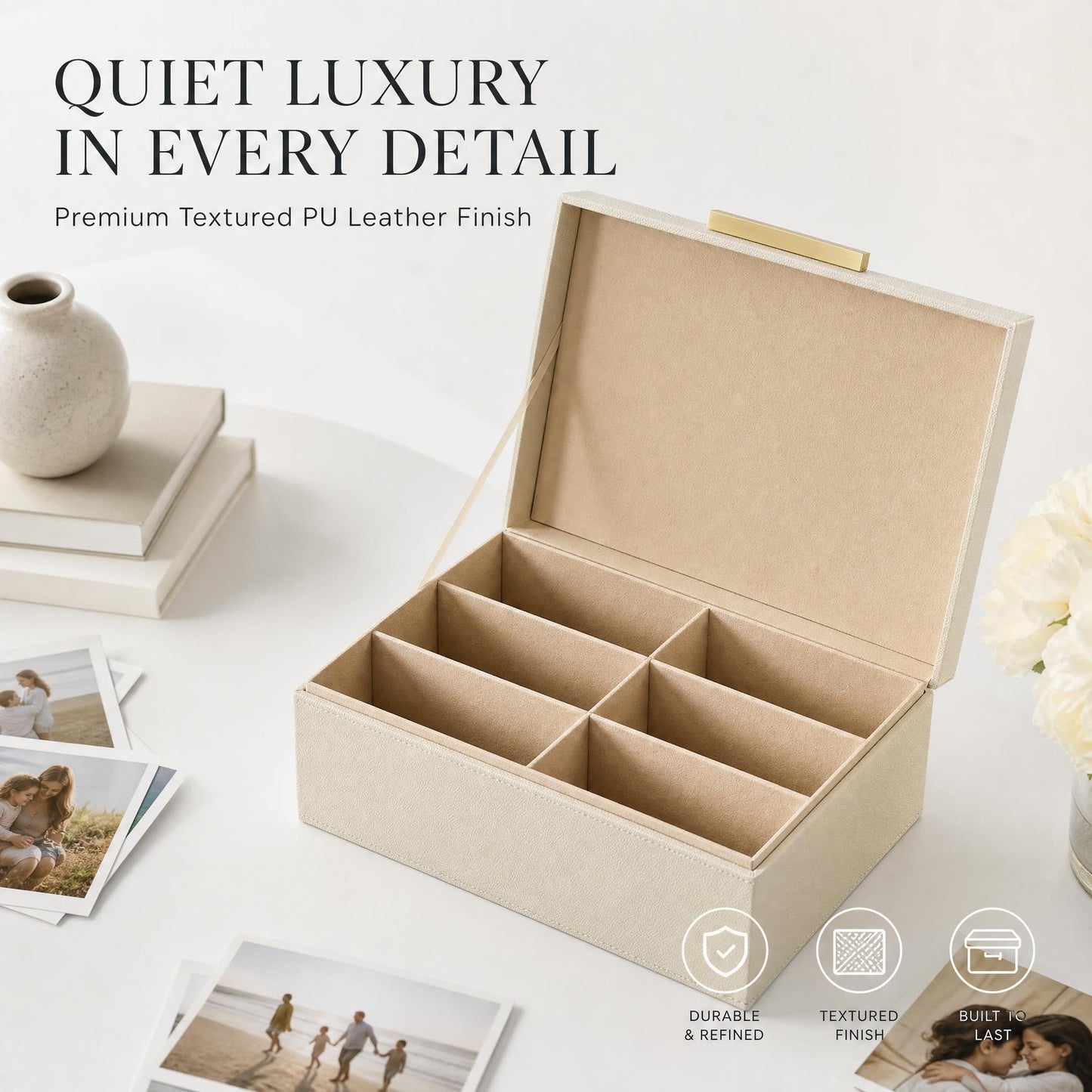 ZICOTO Decorative Photo Storage Box - Sturdy Linen Photo Organizer with Dividers is Perfect to Store Up to 1200 Pictures and 4x6 Photos - Portable Scrapbook Storage Containers with Lid