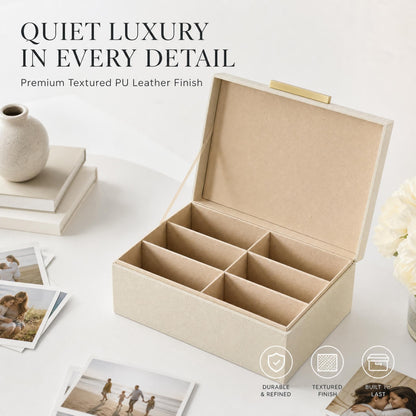 ZICOTO Decorative Photo Storage Box - Sturdy Linen Photo Organizer with Dividers is Perfect to Store Up to 1200 Pictures and 4x6 Photos - Portable Scrapbook Storage Containers with Lid