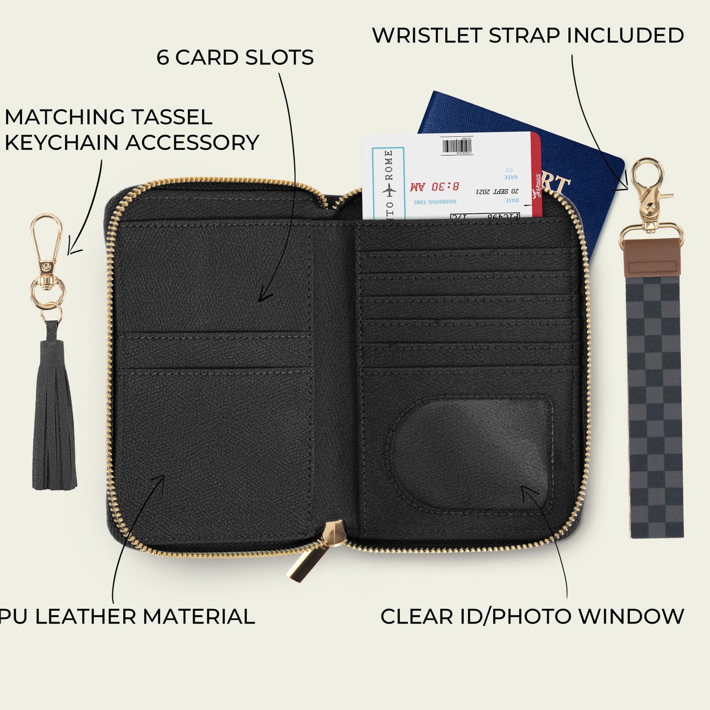 ZICOTO Stylish Passport Holder for Travel with Detachable Wristlet Strap - All-in-One Travel Wallet Organizer for Women, Secure Money Belt Alternative with Card Slots and Tassel Keychain
