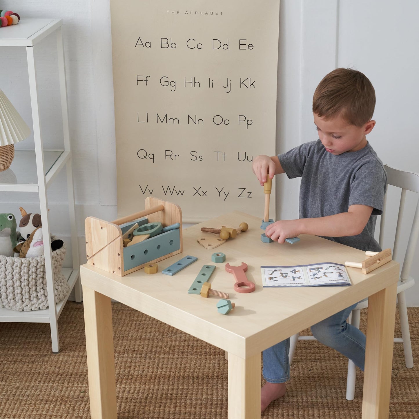 Stylish Wooden Tool Set for Toddlers - Durable Montessori Tool Box Kit with Hammer for Boys & Girls 2-5 Years - Fun Christmas Toy Gift for Kids with 30+ Safe Tools for Creative Play