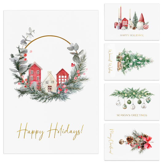 ZICOTO Beautiful Christmas Cards Set of 20 with Watercolor Designs - Incl. Bulk Envelopes, Matching Stickers And Storage Box - Perfect to Send Warm Holiday Wishes to Friends and Family