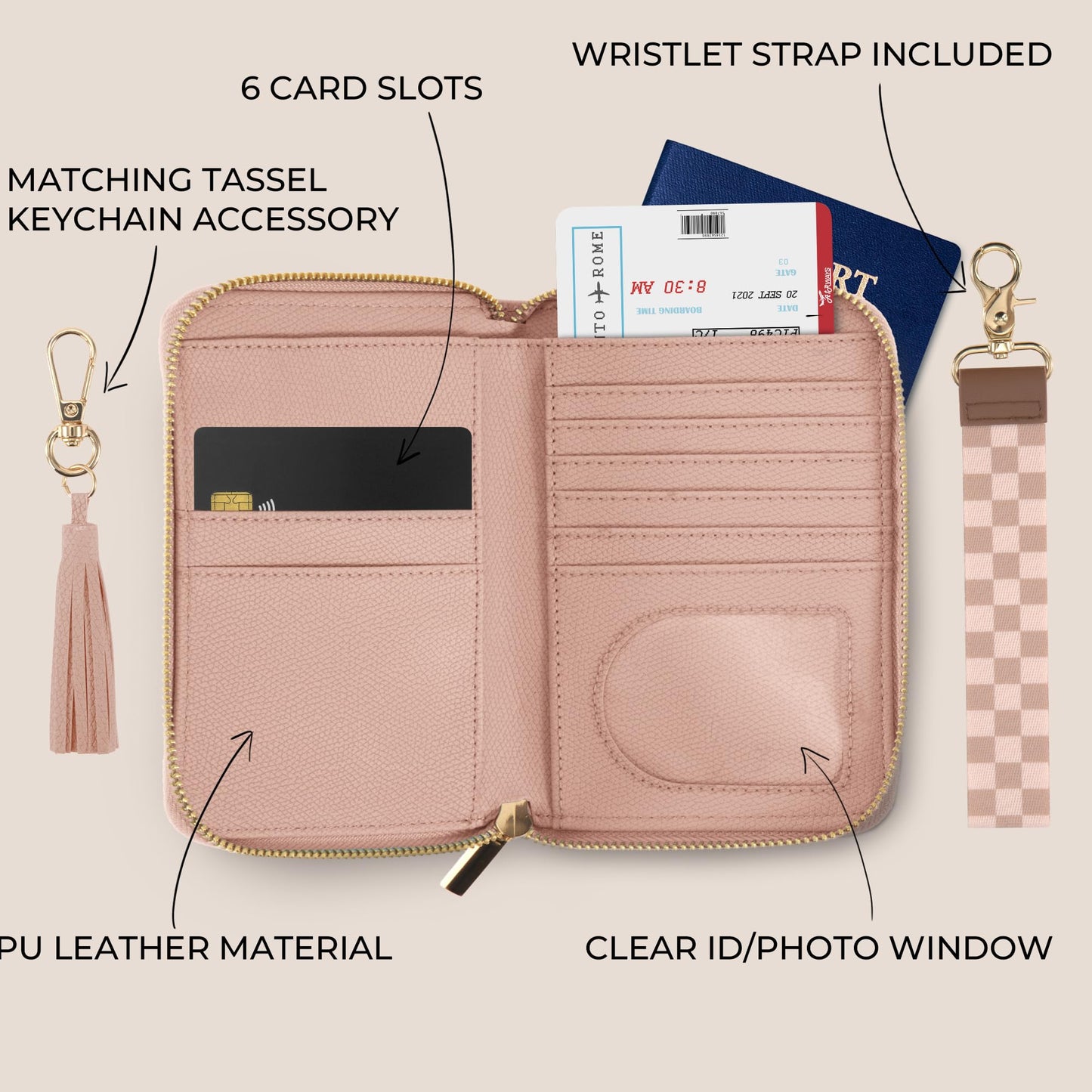 ZICOTO Stylish Passport Holder for Travel with Detachable Wristlet Strap - All-in-One Travel Wallet Organizer for Women, Secure Money Belt Alternative with Card Slots and Tassel Keychain