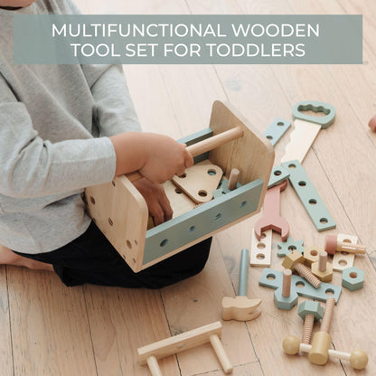Stylish Wooden Tool Set for Toddlers - Durable Montessori Tool Box Kit with Hammer for Boys & Girls 2-5 Years - Fun Christmas Toy Gift for Kids with 30+ Safe Tools for Creative Play