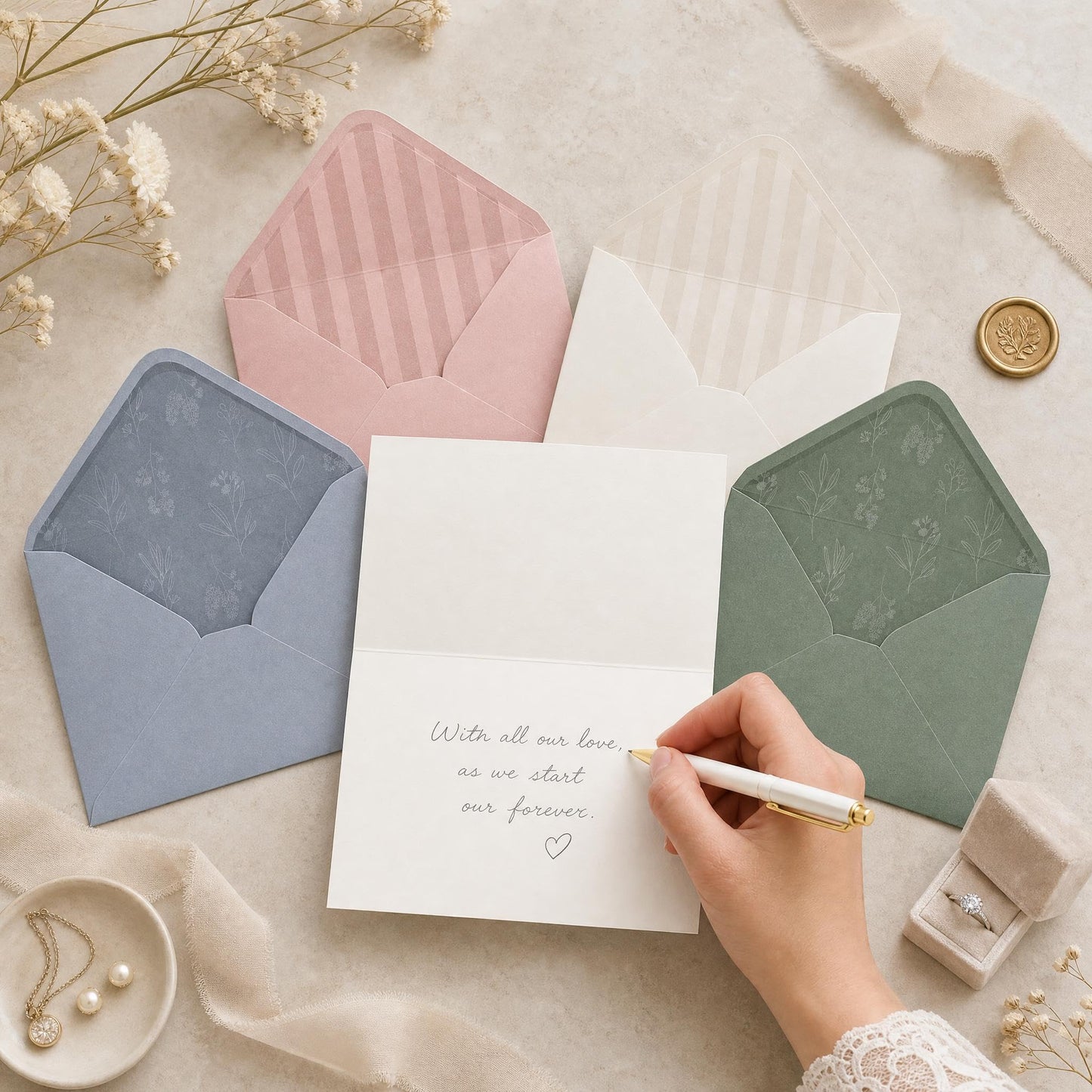 Elegant Set of 50 Invitation Envelopes 5x7 - Beautiful Self-Sealing A7 Premium Envelopes in 5 Colors Incl. Sage Green - The Perfect Set for Weddings, Bridal Shower, Engagement and Anniversary Cards