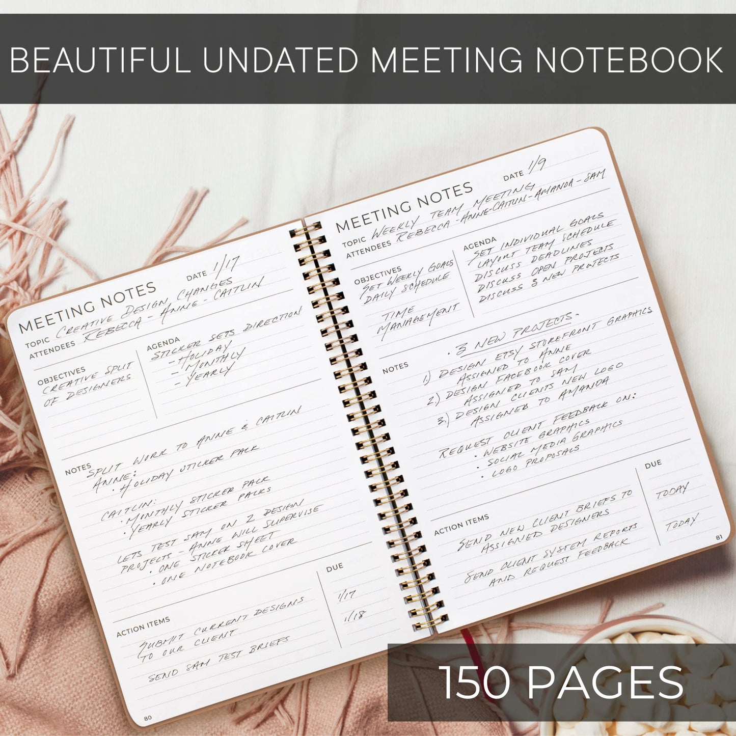 Beautiful Meeting Notebook For Work Organization - Easily Take Notes And Keep Agendas on Track - The Perfect Office Planner Supplies for Women & Men to Professionally Manage Business Projects - Pink