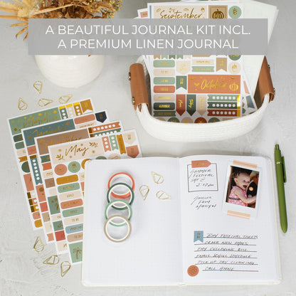 ZICOTO Ultimate All-in-One Journaling Kit - Incl. Journal Notebook With Linen Hardcover and Dotted Pages, Stencils, Stickers, Washi Tapes, Paper Clips and More Bullet Checklist Supplies