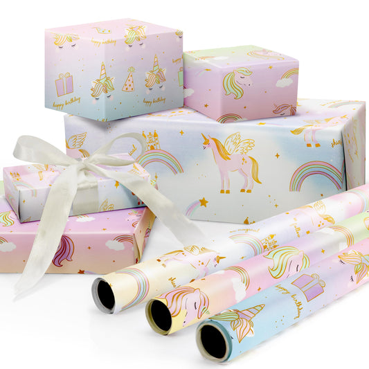 ZICOTO Beautiful Happy Birthday Wrapping Paper Roll Set for Girls - Cute Girl Set of 3 Quality Rolls With Unicorn Design - Add a Touch of Magic to Every Kids Gift You Wrap - 17 x 120 in