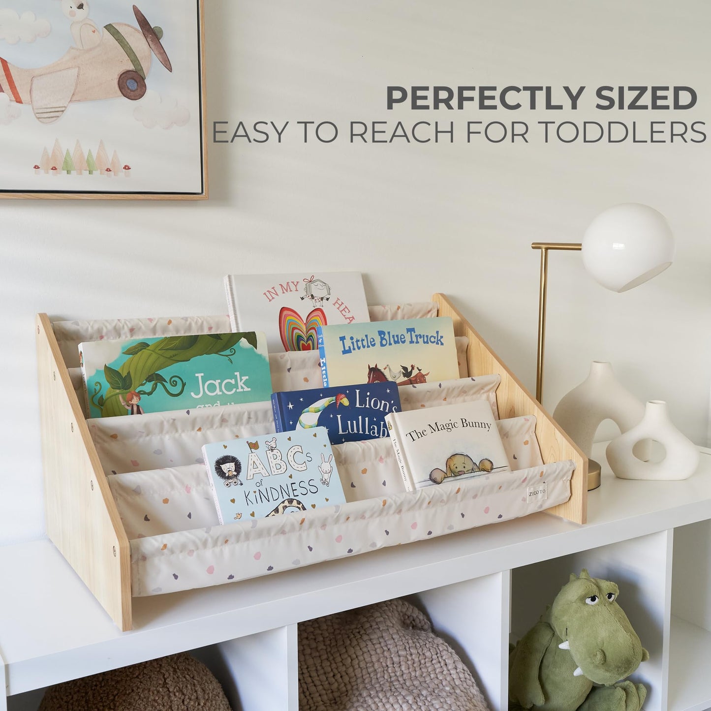 ZICOTO Decorative Wooden Bookshelf for Kids Rooms - Keeps Plenty of Books Neatly Organized & Within Reach for Toddlers - Easy Install Montessori Book Shelf for Baby's Bedroom or Playroom Decor