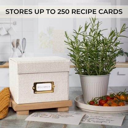 ZICOTO Beautiful Linen Recipe Box - Fits 4x6 inch Recipe Cards to Organize Up to 250 Recipes - Sturdy Card Holder and Great Gift for Any Kitchen - Cards Not Incl.