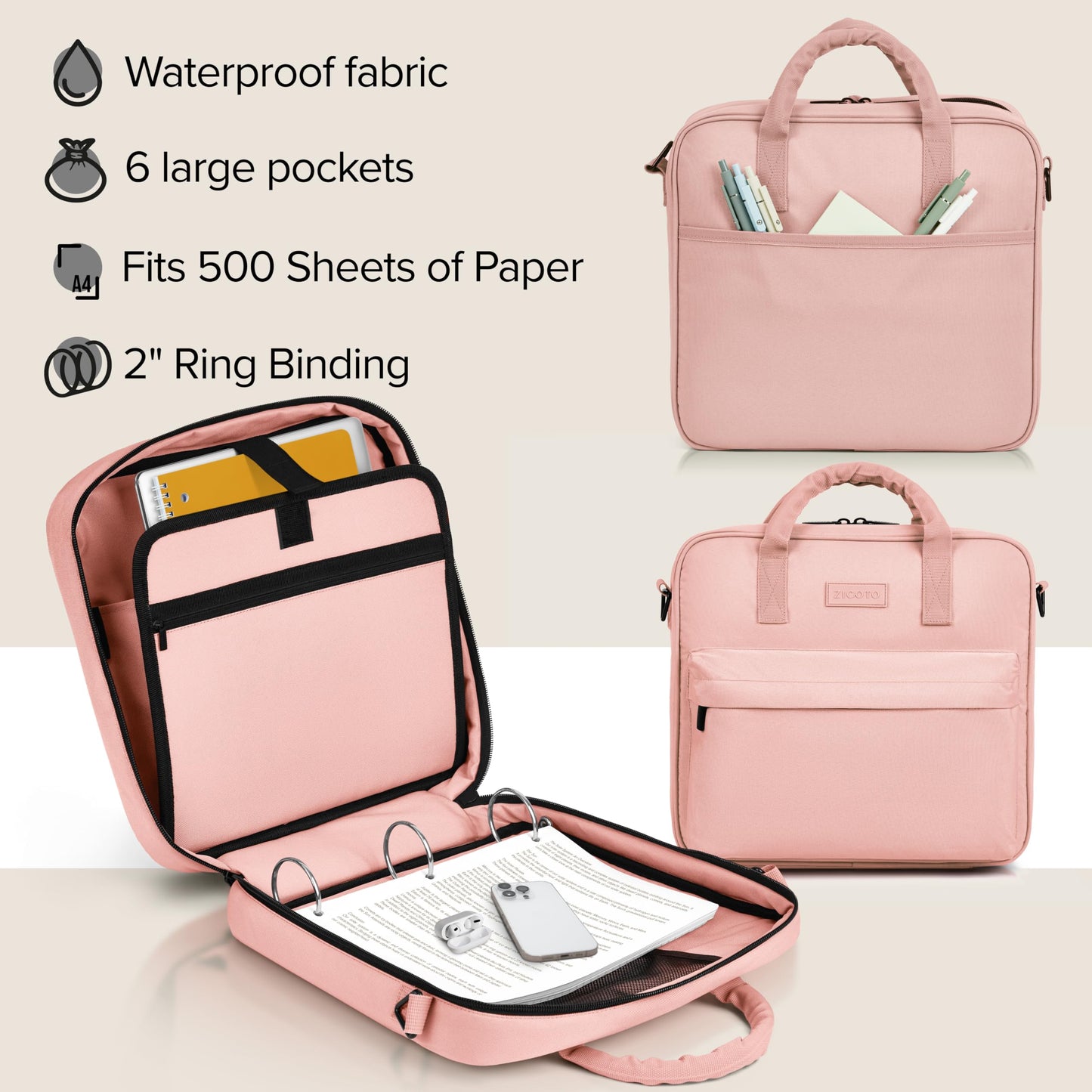 Sturdy 3 Ring Zipper Binder with Shoulder Strap for School - Beautiful 2 Inch Zip Up Binder with Extra Pockets Holds 500 Sheets, Books & Laptop - Easy to Carry Trapper Keeper Made of Premium Fabrics