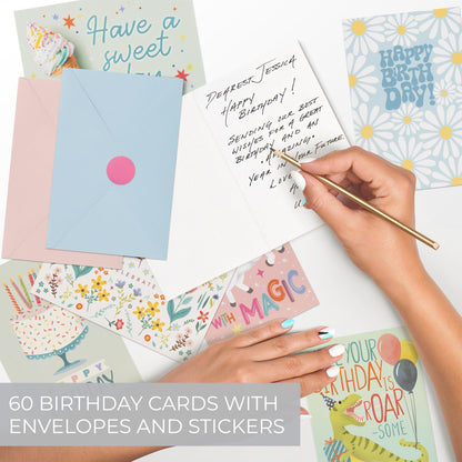 ZICOTO Beautiful Birthday Cards Set of 60 with Envelopes & Stickers - Tasteful Assorted Happy Birthday Cards Bulk For Women, Men & Kids - The Perfect Card Pack to Write Thoughtful Personal Greetings