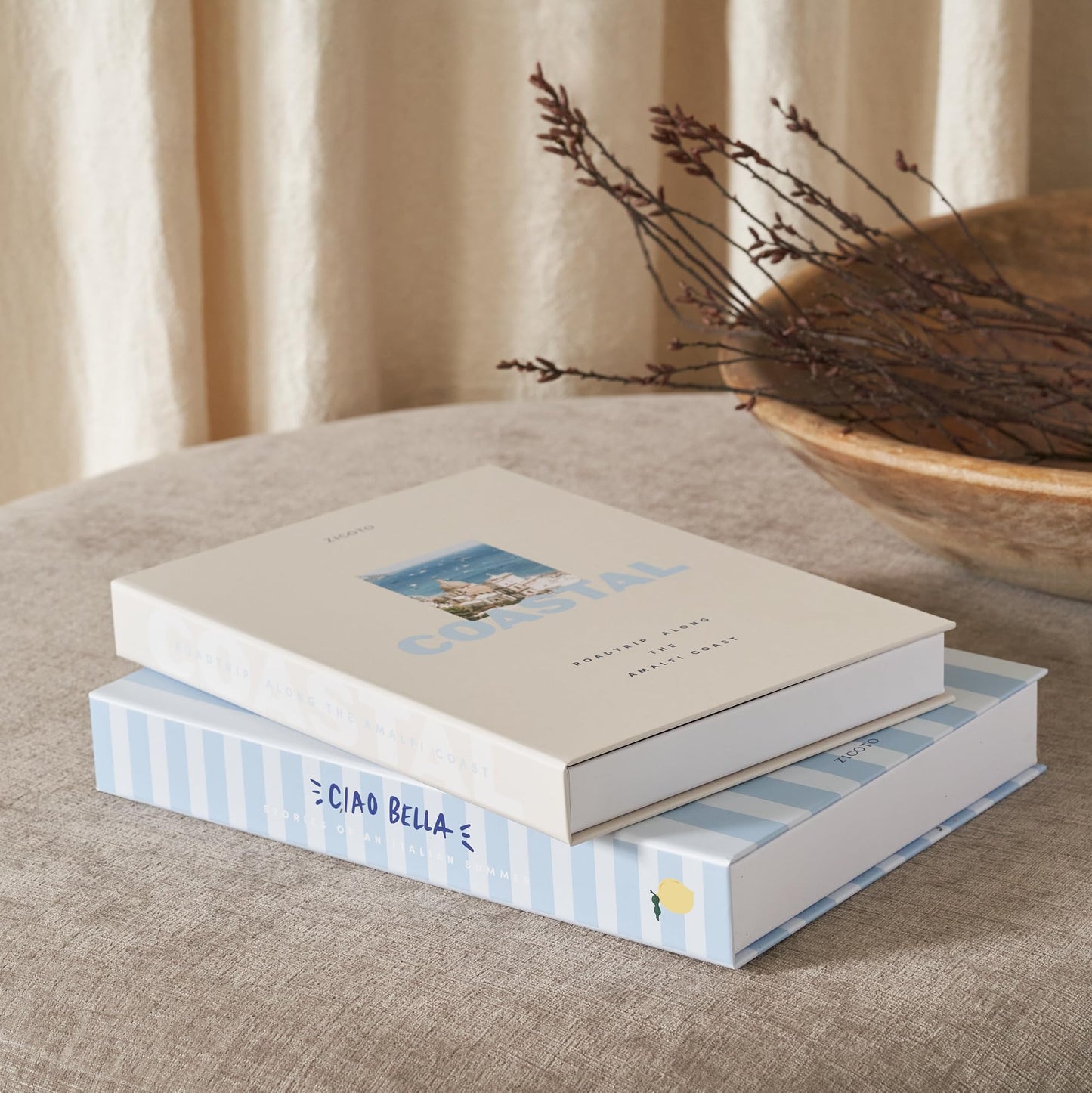 ZICOTO Beautiful Decorative Book Boxes – Set of 2 Faux Books with Lids, Paper-Covered Storage for Coffee Table, Bookshelf or Mantel – Modern Photo & Keepsake Organizer