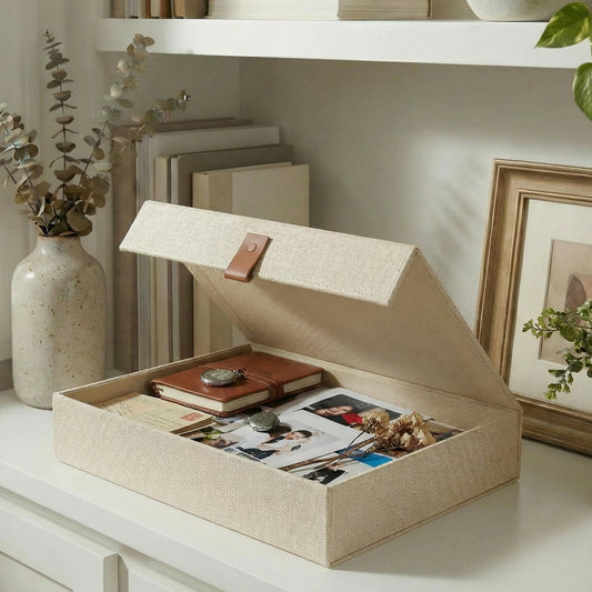 ZICOTO Decorative Photo Storage Box with Lid - A Beautiful Linen Organizer Perfect to Safely Store Your Pictures, Documents, Scrapbooking Supplies, Keepsakes and Other Memories in Style
