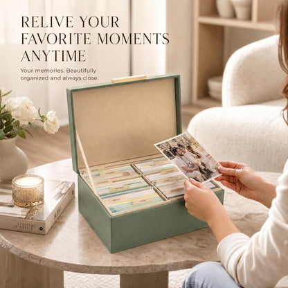 ZICOTO Decorative Photo Storage Box - Sturdy Linen Photo Organizer with Dividers is Perfect to Store Up to 1200 Pictures and 4x6 Photos - Portable Scrapbook Storage Containers with Lid