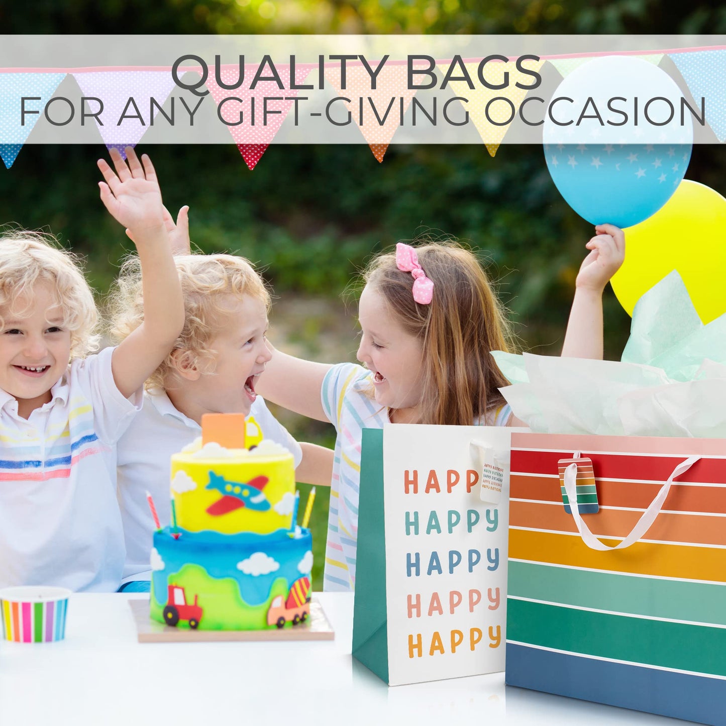 ZICOTO Beautiful Birthday Gift Bags Set of 2 - Large 16" Bags with Handles incl. Matching Tissue Paper, Cards & Stickers - Reusable and Perfect For Kids Presens