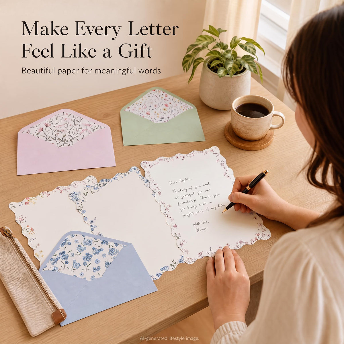 Beautiful Stationery Set with Envelopes - Scalloped Letter Writing Paper