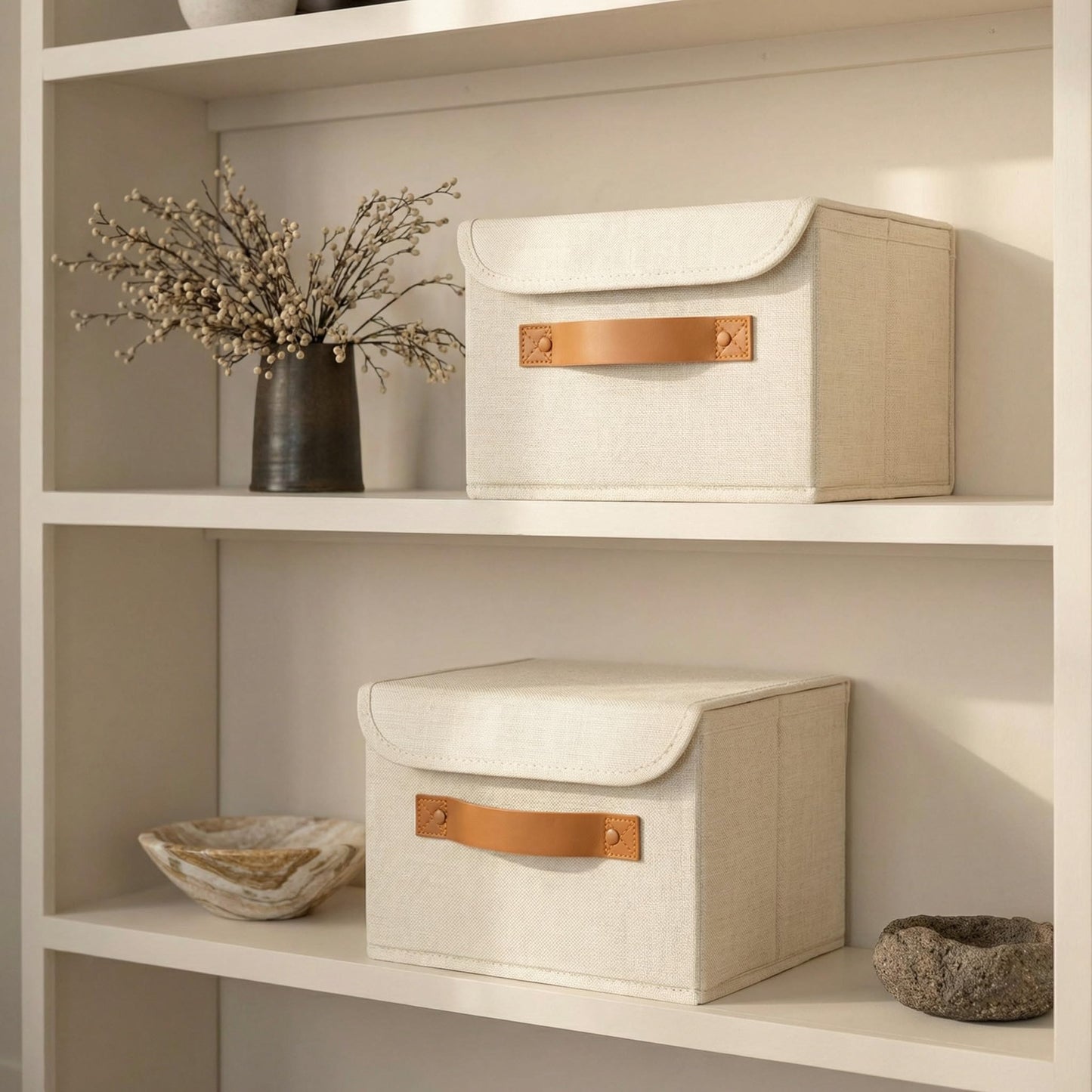 ZICOTO Beautiful Storage Bin with Lid – Foldable Cotton-Linen Fabric Box with PU Leather Handles, Decorative Closet Organizer Cube Reinforced with PP Board