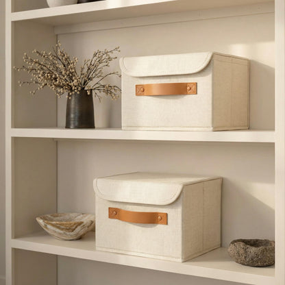 ZICOTO Beautiful Storage Bin with Lid – Foldable Cotton-Linen Fabric Box with PU Leather Handles, Decorative Closet Organizer Cube Reinforced with PP Board