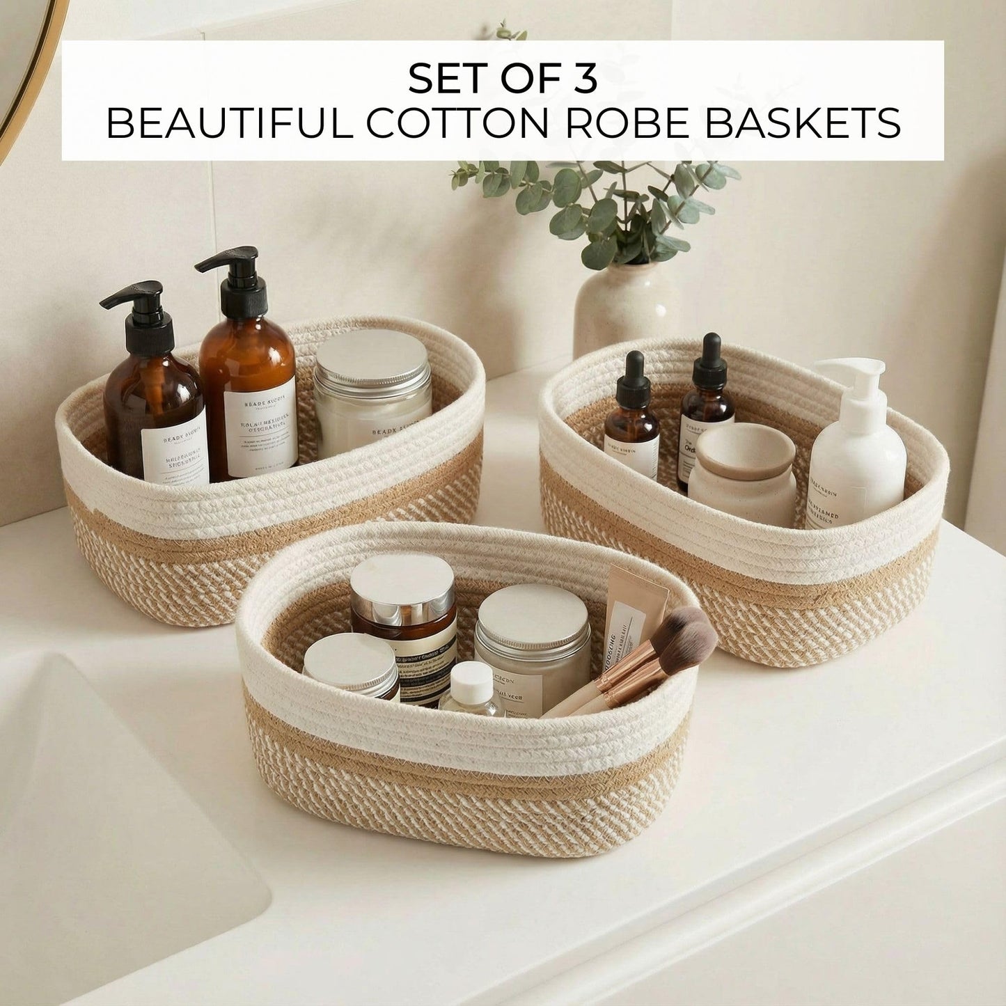 Beautiful Storage Basket Set of 3 - Sturdy Cotton Rope Baskets for Shelves Are Perfect for Organizing Your Home - Quality Storage Bins Easily Fit With Any Nursery or Bedroom Decor