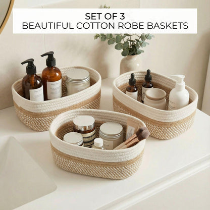 Beautiful Storage Basket Set of 3 - Sturdy Cotton Rope Baskets for Shelves Are Perfect for Organizing Your Home - Quality Storage Bins Easily Fit With Any Nursery or Bedroom Decor