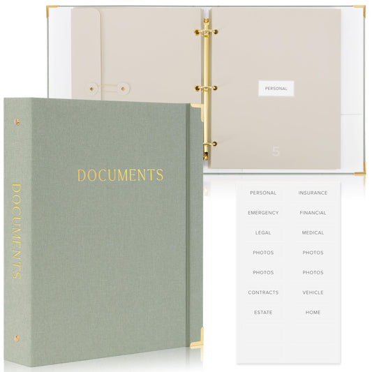 Aesthetic Document Organizer Folio - Linen Cover Life and Family Emergency Binder - Perfect Files Organizer for Your Important Documents, Birth Certificates, Passports, Social Security Cards, Photo