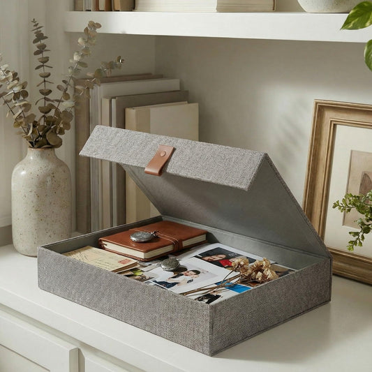ZICOTO Decorative Photo Storage Box with Lid - A Beautiful Linen Organizer Perfect to Safely Store Your Pictures, Documents, Scrapbooking Supplies, Keepsakes and Other Memories in Style