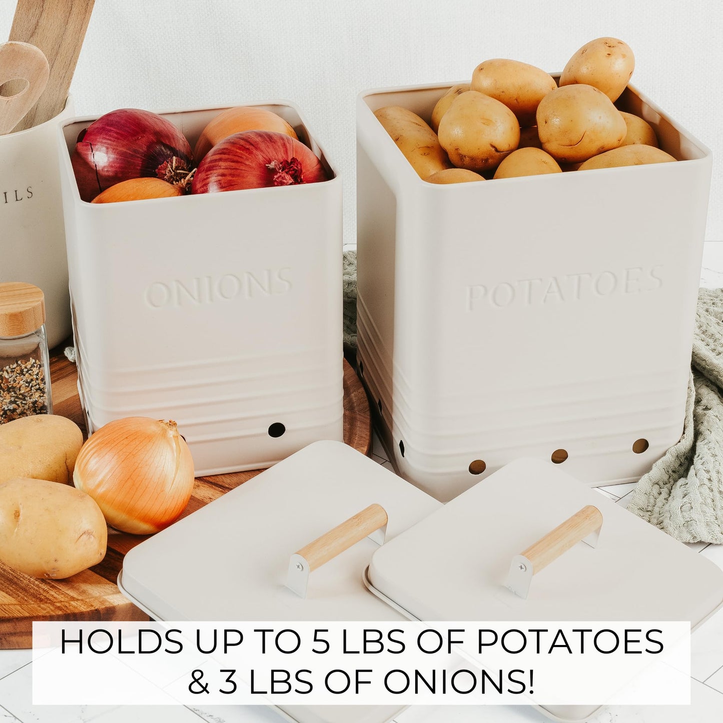 Beautiful Potato and Onion Storage Container Set - Perfectly Sized Spacious Canisters For Your Kitchen Counter Or Pantry - Quality Food Safe Metal Bins Keep Your Produce/Vegetables Fresh Longer
