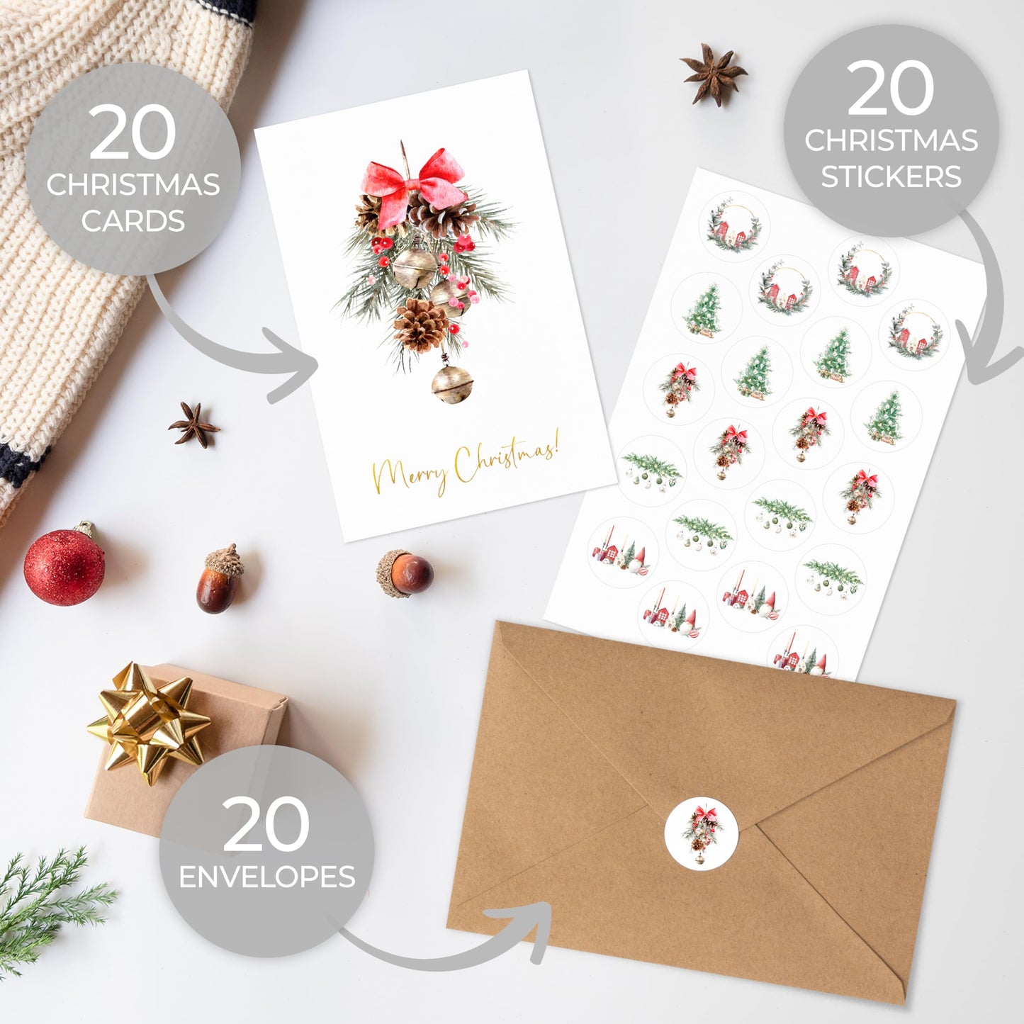 ZICOTO Beautiful Christmas Cards Set of 20 with Watercolor Designs - Incl. Bulk Envelopes, Matching Stickers And Storage Box - Perfect to Send Warm Holiday Wishes to Friends and Family