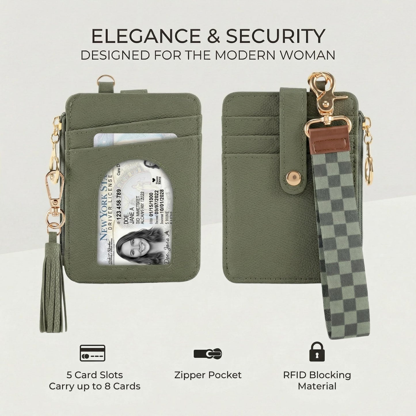Stylish Wristlet Wallet for Women - Slim Design Credit Card Holder w/ Plenty of Storage incl. Clear ID Window & Zipper Pocket - Easy Carry RFID Blocking Keychain Wallet w/ Tassel, Lanyard & Gold Rings
