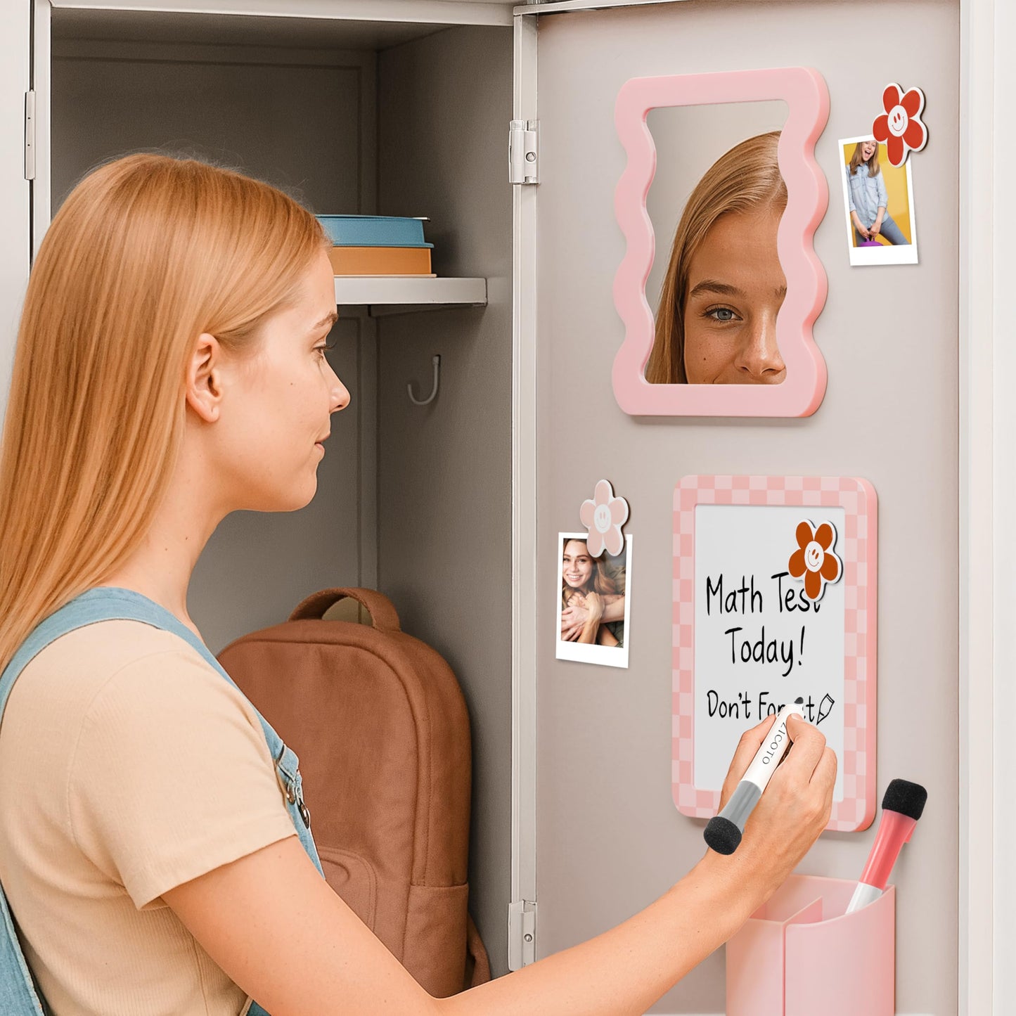 Stylish Locker Accessories Kit for Girls - Includes Mirror, Whiteboard, Pen Holder, Cute Flower Magnets & Marker Set - All-in-One School Locker Decor & Organizer Set to Brighten Up Your School Day