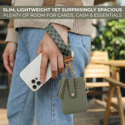 Stylish Wristlet Wallet for Women - Slim Design Credit Card Holder w/ Plenty of Storage incl. Clear ID Window & Zipper Pocket - Easy Carry RFID Blocking Keychain Wallet w/ Tassel, Lanyard & Gold Rings