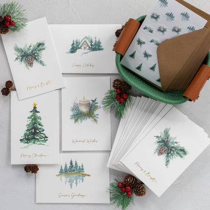 ZICOTO Beautiful Christmas Cards Set of 20 with Watercolor Designs - Incl. Bulk Envelopes, Matching Stickers And Storage Box - Perfect to Send Warm Holiday Wishes to Friends and Family