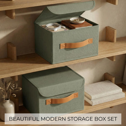 ZICOTO Beautiful Storage Bin with Lid – Foldable Cotton-Linen Fabric Box with PU Leather Handles, Decorative Closet Organizer Cube Reinforced with PP Board