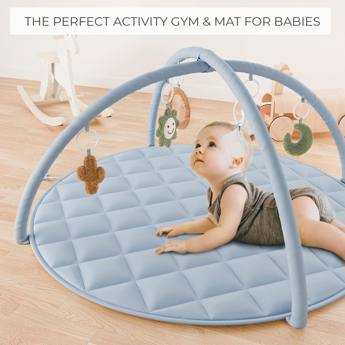 Beautiful Baby Play Gym and Tummy Time Mat - Soft Cotton Mat with 6 Cute Toys Creates The Perfect Activity Area for Your Girl/Boy - Stylish Infant Floor Playmat Fits Nicely with Any Playroom Decor