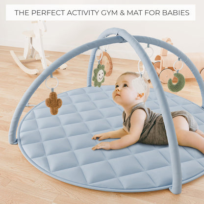 Beautiful Baby Play Gym and Tummy Time Mat - Soft Cotton Mat with 6 Cute Toys Creates The Perfect Activity Area for Your Girl/Boy - Stylish Infant Floor Playmat Fits Nicely with Any Playroom Decor