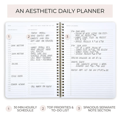 Beautiful Daily Planner And Notebook With Hourly Schedule - Aesthetic Spiral To do List Notepad to Easily Organize Your Work Tasks And Appointments - The Perfect Office Supplies For Women