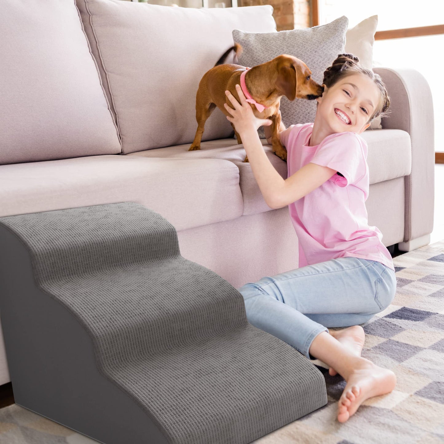 Sturdy Dog Stairs and Ramp for Beds Or Couches by ZICOTO - Durable Easy to Walk on Steps 15.7" high for Small Dogs and Cats Up to 55 lbs Weight - Allows Your Pets Easy Access to Your Sofa or Bedside