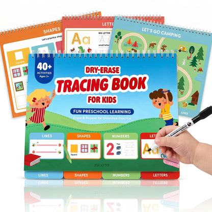 Fun Preschool Workbooks for Kids Age 3-5 - Reusable Dry Erase Tracing Books for Toddlers Ages 3-4 w Dry Erase Marker - 40+ Activities of ABC Letter, Number & Writing Practice for Preschool Learning