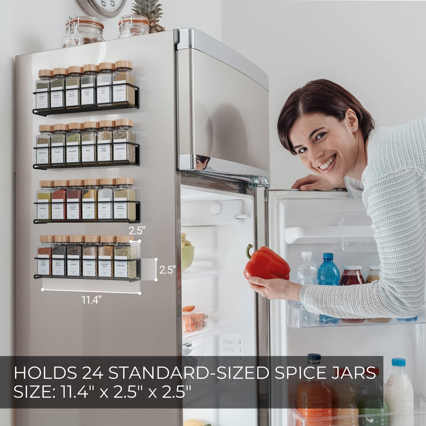 ZICOTO Magnetic Spice Racks for Your Refrigerator - 4 Space Saving Shelves Safely Hold Up to 24 Jars with Extra Strong Magnets - The Perfect Seasoning Storage Organizer For The Fridge