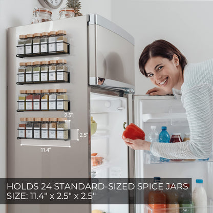 ZICOTO Magnetic Spice Racks for Your Refrigerator - 4 Space Saving Shelves Safely Hold Up to 24 Jars with Extra Strong Magnets - The Perfect Seasoning Storage Organizer For The Fridge